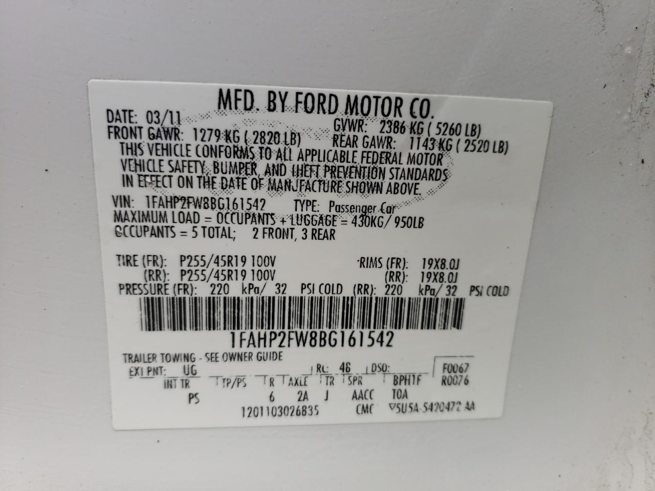 Photo 10 from auction – 2011 FORD TAURUS LIM with VIN 1FAHP2FW8BG161542