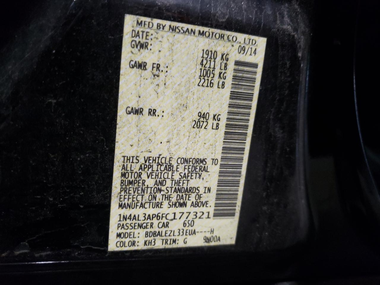 Photo 10 from auction – 2015 NISSAN ALTIMA 2.5 with VIN 1N4AL3AP6FC177321