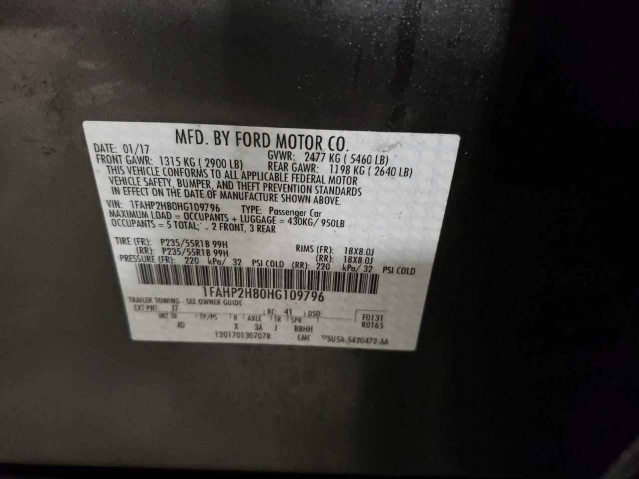 Photo 10 from auction – 2017 FORD TAURUS with VIN 1FAHP2H80HG109796