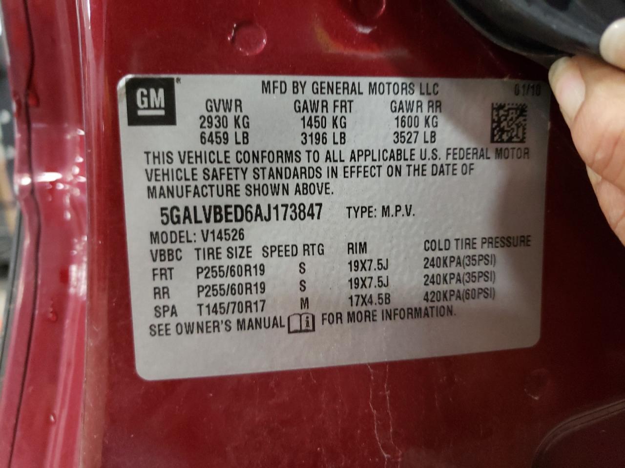 Photo 10 from auction – 2010 BUICK ENCLAVE CX with VIN 5GALVBED6AJ173847