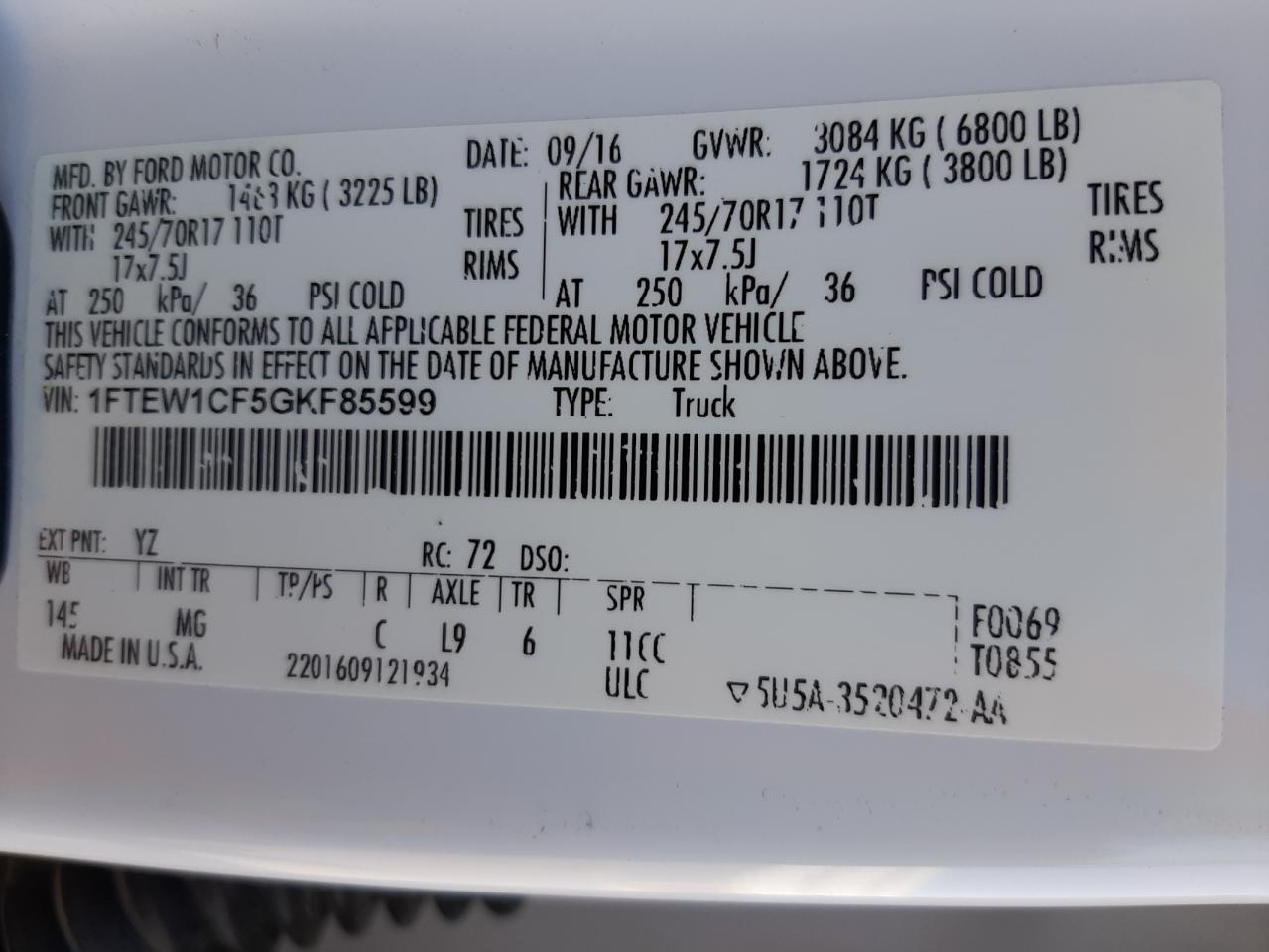 Photo 10 from auction – 2016 FORD F150 SUPER with VIN 1FTEW1CF5GKF85599