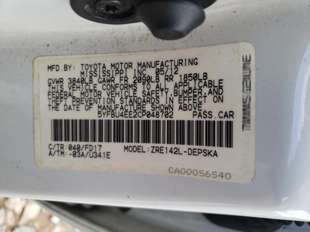 Photo 10 from auction – 2012 TOYOTA COROLLA BA with VIN 5YFBU4EE2CP048702
