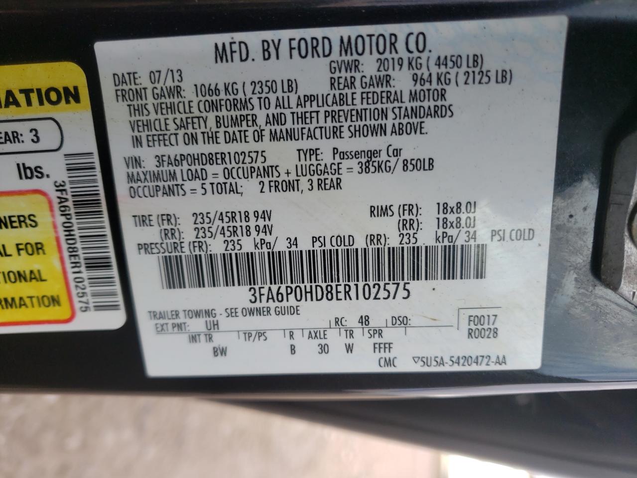Photo 10 from auction – 2014 FORD FUSION SE with VIN 3FA6P0HD8ER102575