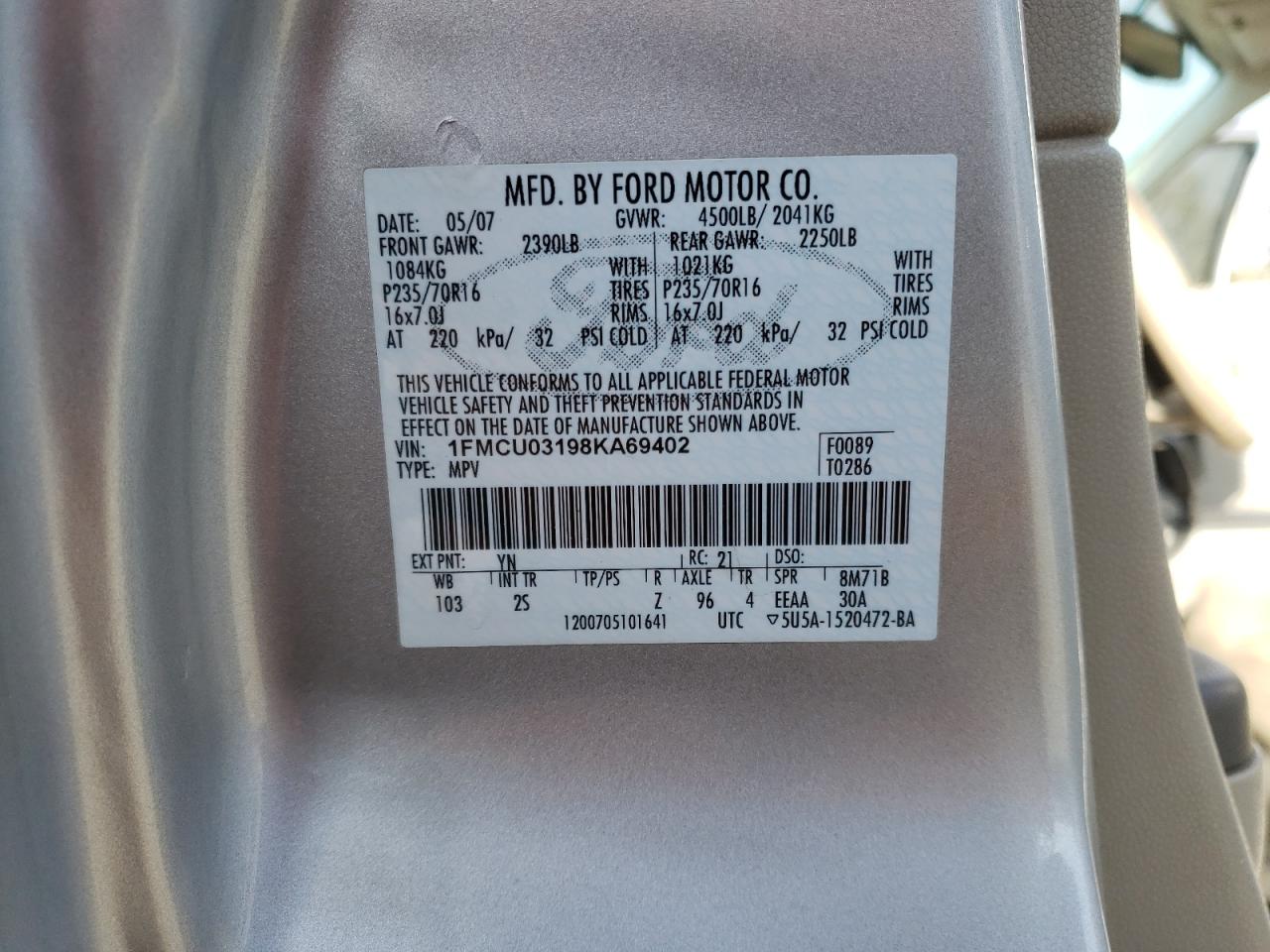 Photo 10 from auction – 2008 FORD ESCAPE XLT with VIN 1FMCU03198KA69402