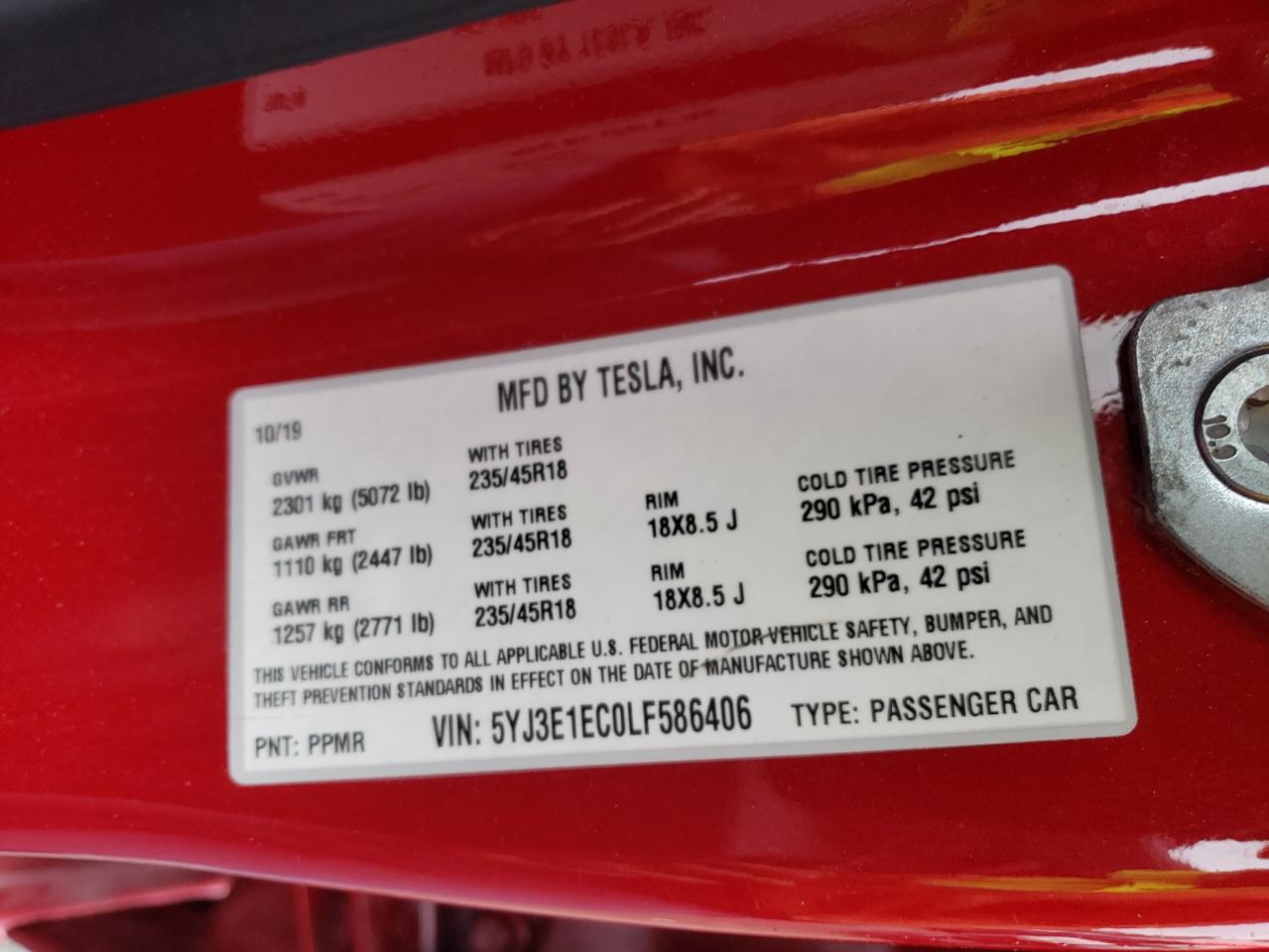 Photo 10 from auction – 2020 TESLA MODEL 3 with VIN 5YJ3E1EC0LF586406