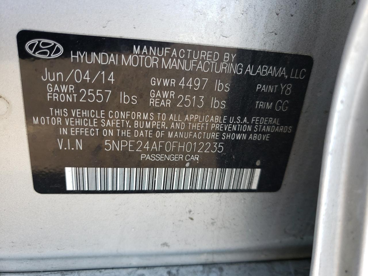 Photo 10 from auction – 2015 HYUNDAI SONATA SE with VIN 5NPE24AF0FH012235