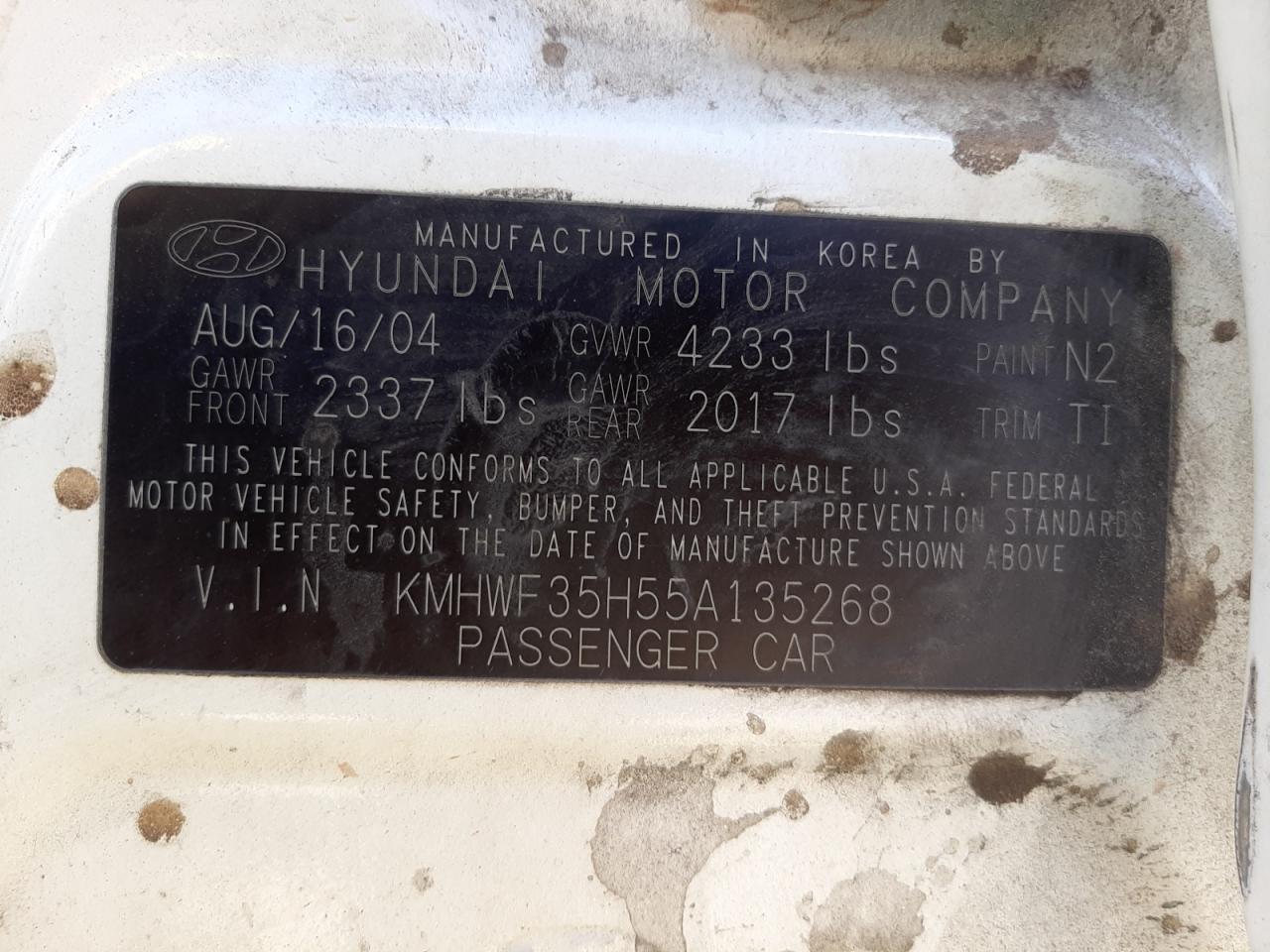 Photo 10 from auction – 2005 HYUNDAI SONATA GLS with VIN KMHWF35H55A135268