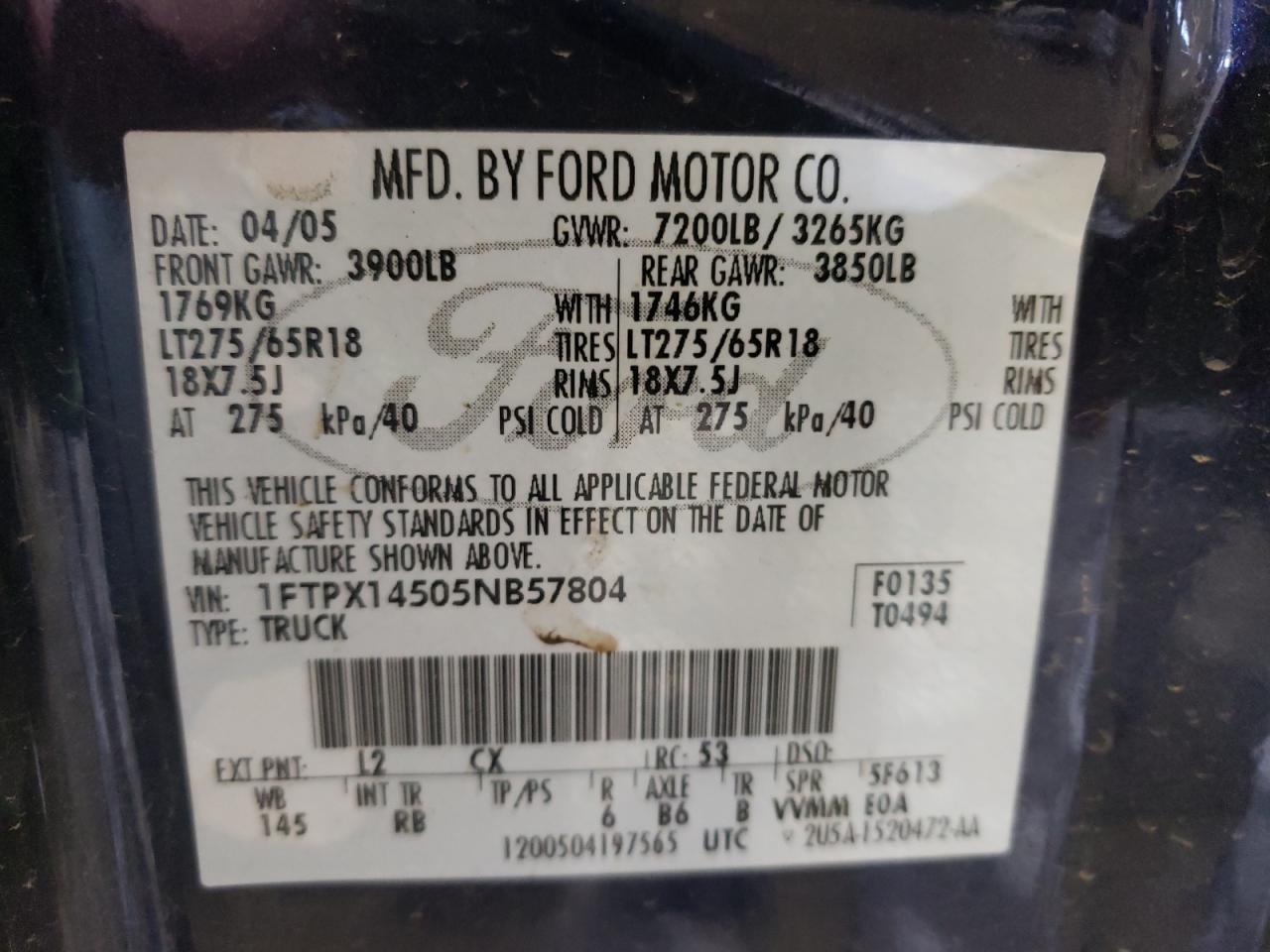 Photo 10 from auction – 2005 FORD F150 with VIN 1FTPX14505NB57804