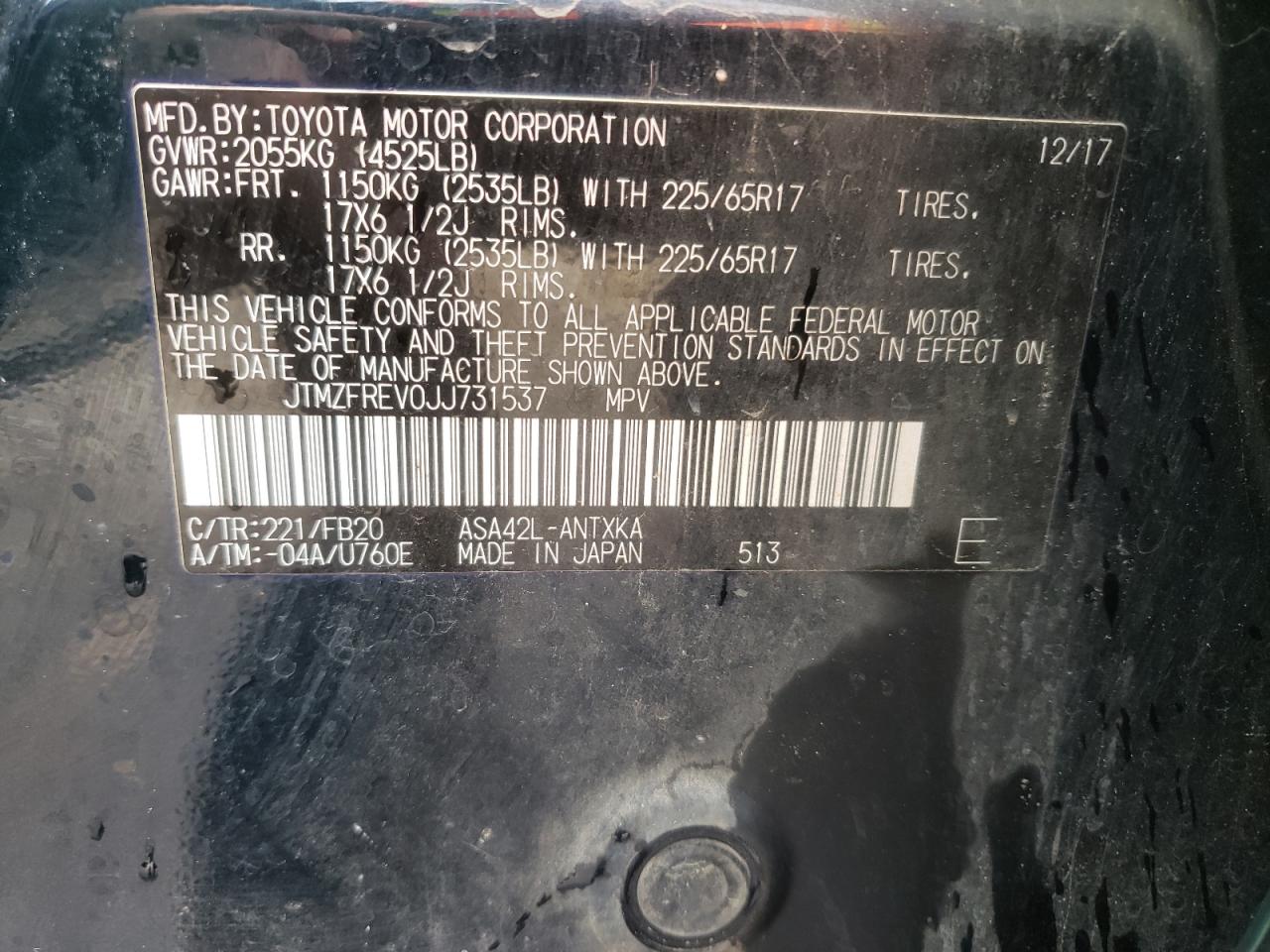 Photo 10 from auction – 2018 TOYOTA RAV4 LE with VIN JTMZFREV0JJ731537