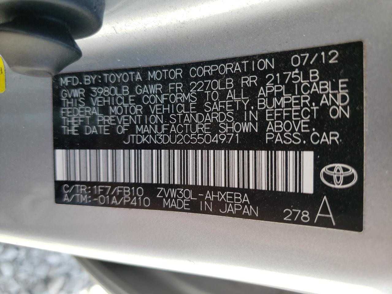 Photo 10 from auction – 2012 TOYOTA PRIUS with VIN JTDKN3DU2C5504971
