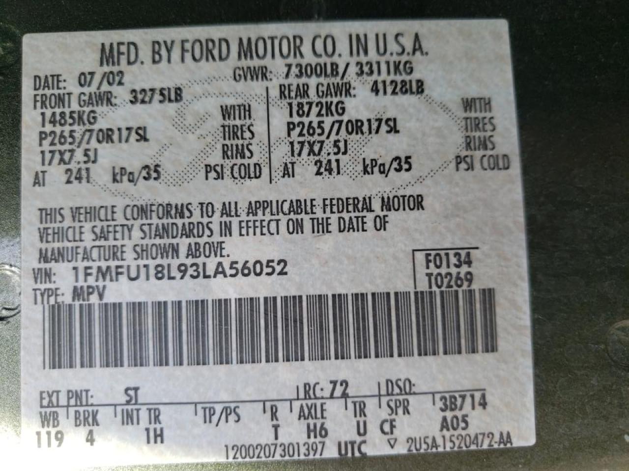 Photo 10 from auction – 2003 FORD EXPEDITION with VIN 1FMFU18L93LA56052