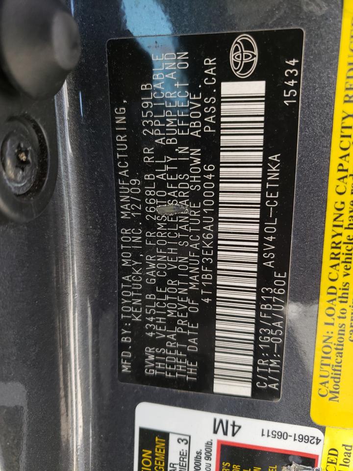 Photo 10 from auction – 2010 TOYOTA CAMRY BASE with VIN 4T1BF3EK6AU100046