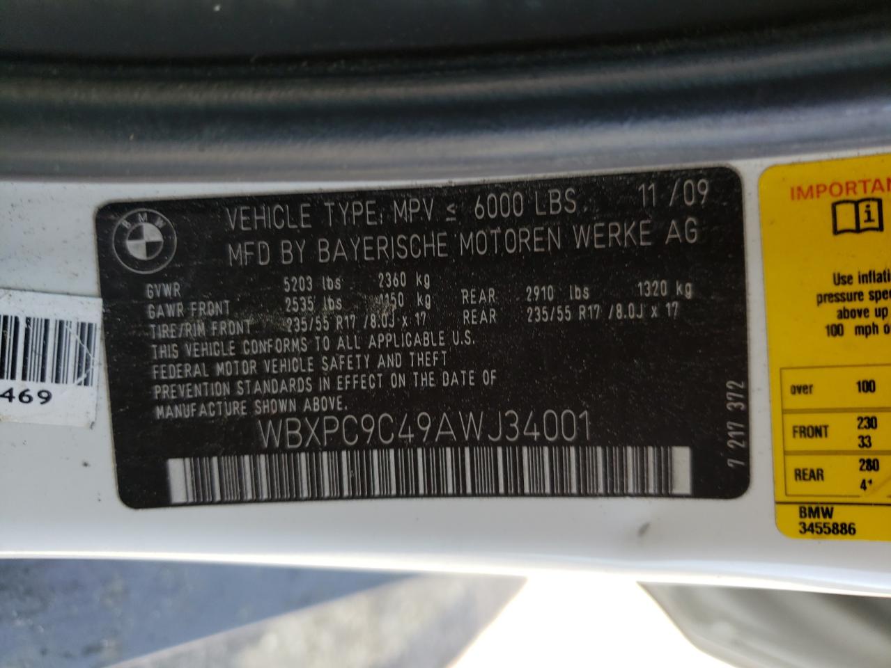 Photo 10 from auction – 2010 BMW X3 XDRIVE3 with VIN WBXPC9C49AWJ34001