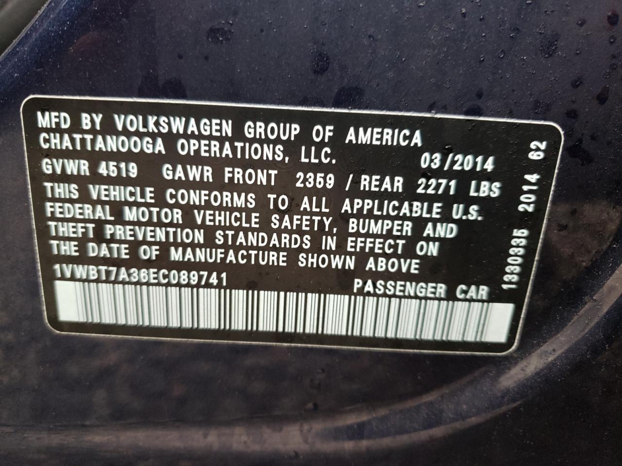 Photo 10 from auction – 2014 VOLKSWAGEN PASSAT SE with VIN 1VWBT7A36EC089741