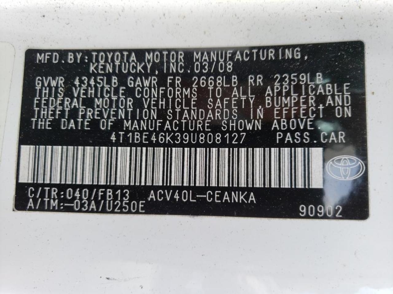 Photo 10 from auction – 2009 TOYOTA CAMRY BASE with VIN 4T1BE46K39U808127