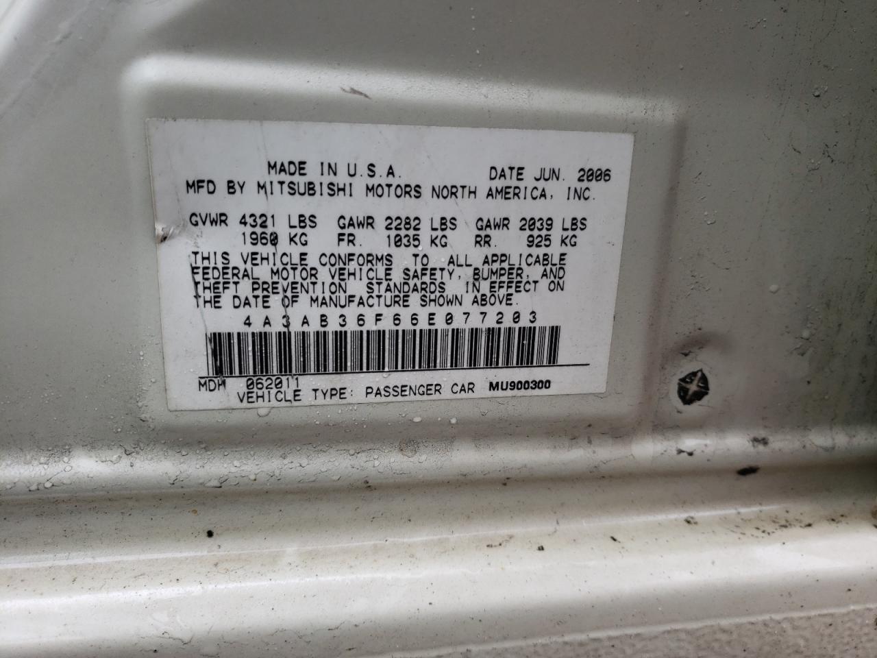 Photo 10 from auction – 2006 MITSUBISHI GALANT ES with VIN 4A3AB36F66E077203