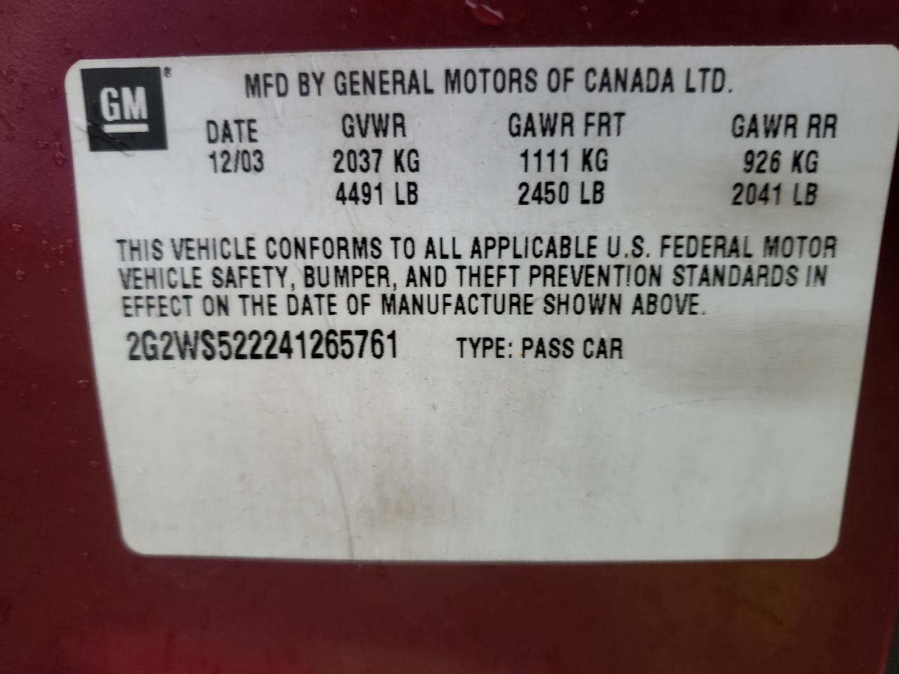 Photo 10 from auction – 2004 PONTIAC GRAND PRIX with VIN 2G2WS522241265761