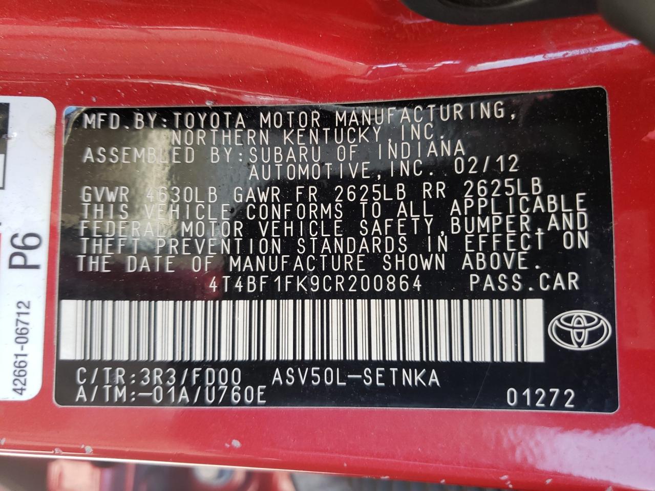 Foto 10 de la subasta – 2012 TOYOTA CAMRY BASE con VIN 4T4BF1FK9CR200864