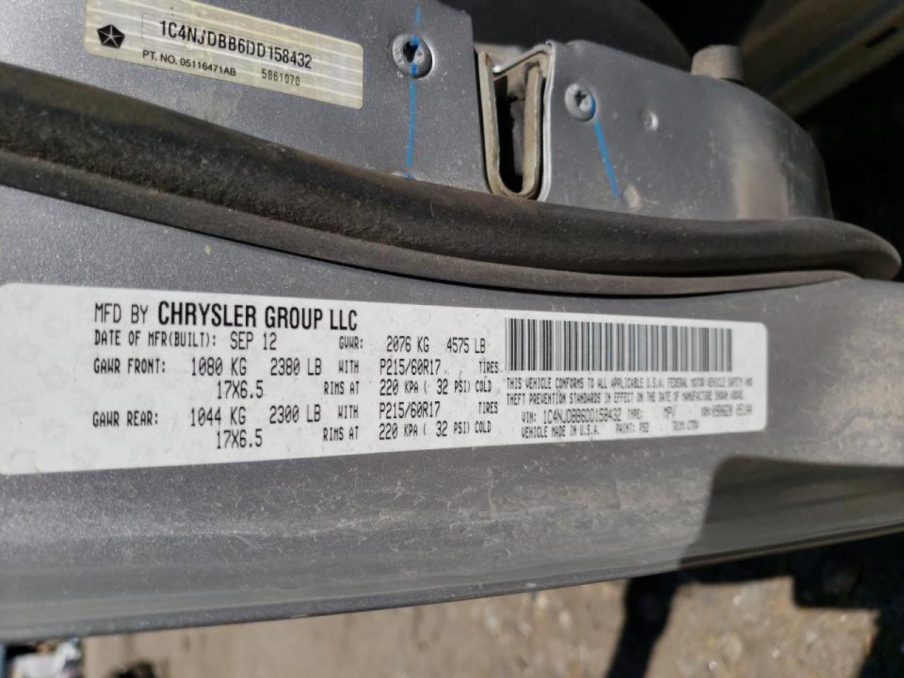 Photo 10 from auction – 2013 JEEP COMPASS SP with VIN 1C4NJDBB6DD158432
