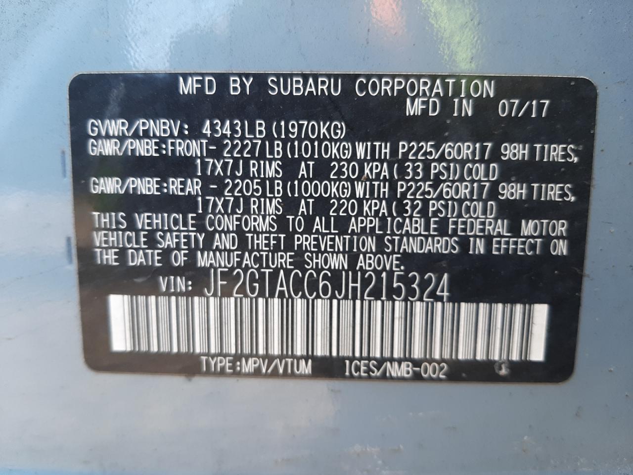 Photo 10 from auction – 2018 SUBARU CROSSTREK with VIN JF2GTACC6JH215324