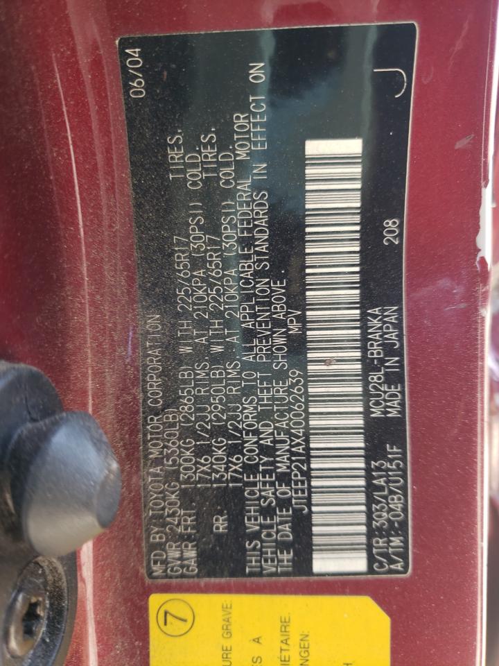 Photo 10 from auction – 2004 TOYOTA HIGHLANDER with VIN JTEEP21AX40062639
