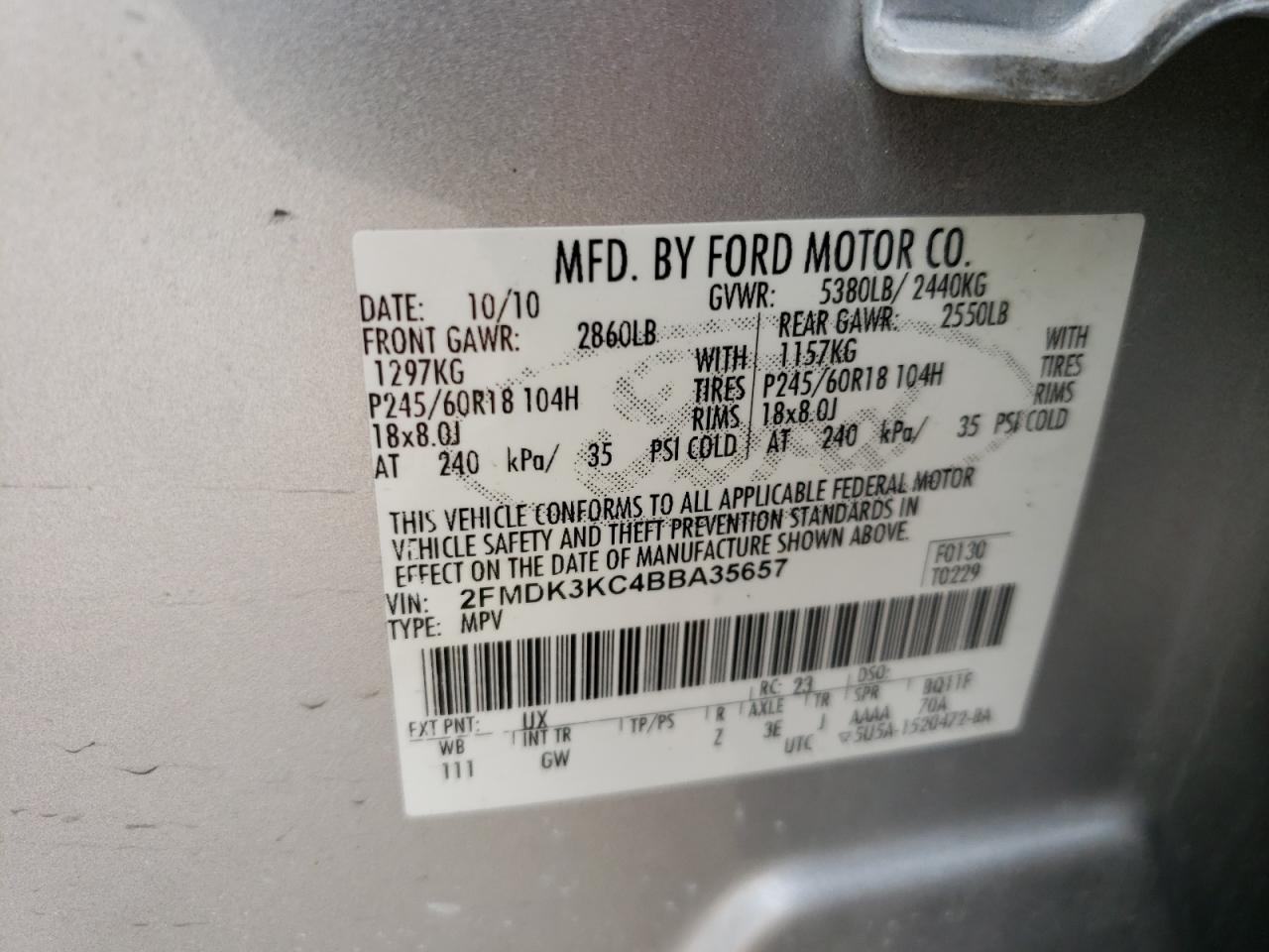 Photo 10 from auction – 2011 FORD EDGE LIMIT with VIN 2FMDK3KC4BBA35657
