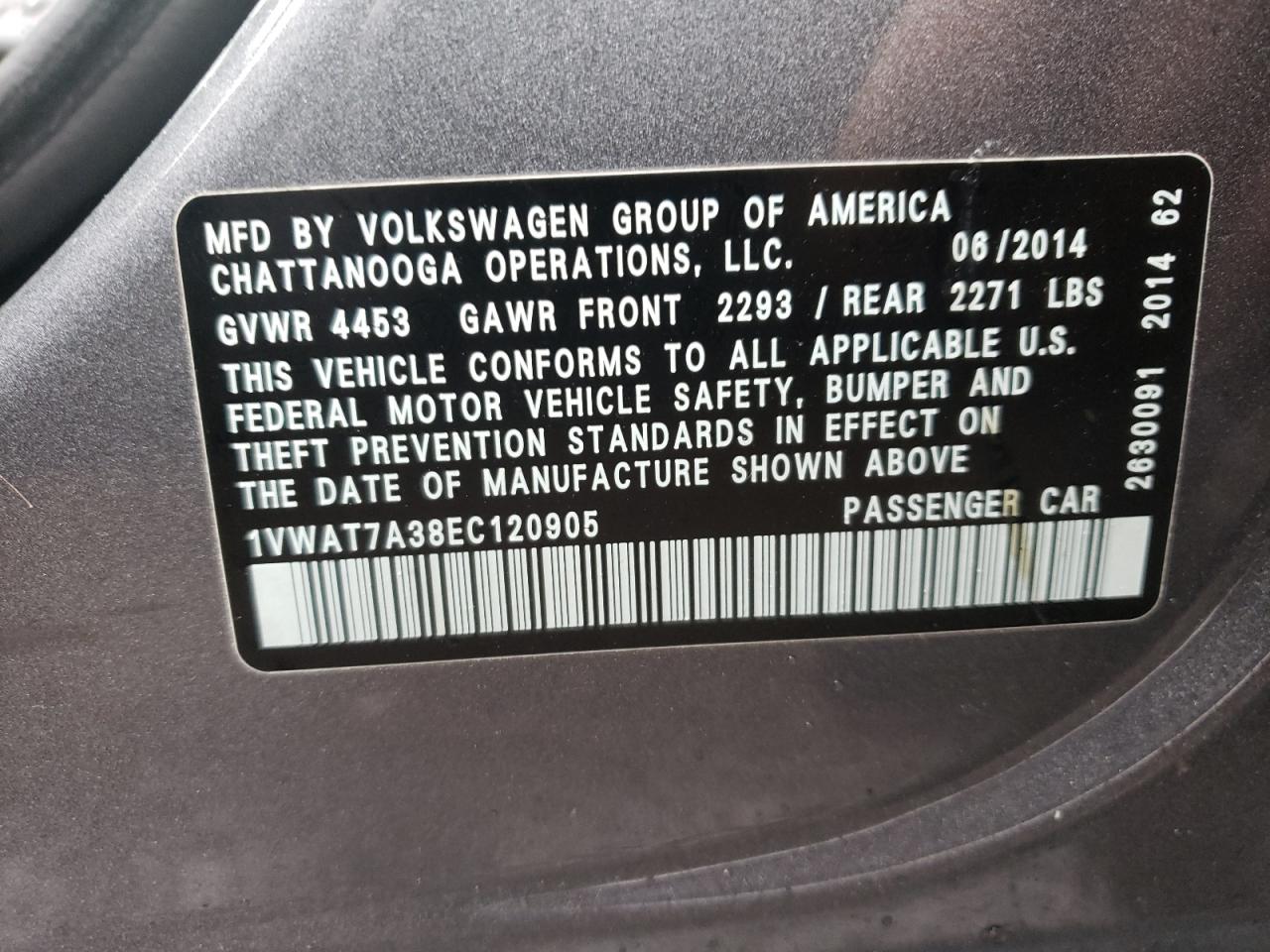 Photo 10 from auction – 2014 VOLKSWAGEN PASSAT S with VIN 1VWAT7A38EC120905