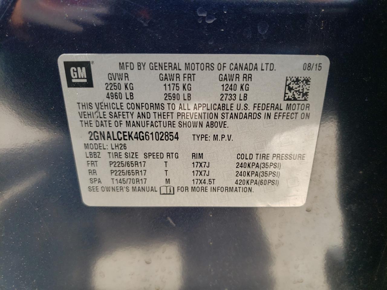 Photo 10 from auction – 2016 CHEVROLET EQUINOX LT with VIN 2GNALCEK4G6102854