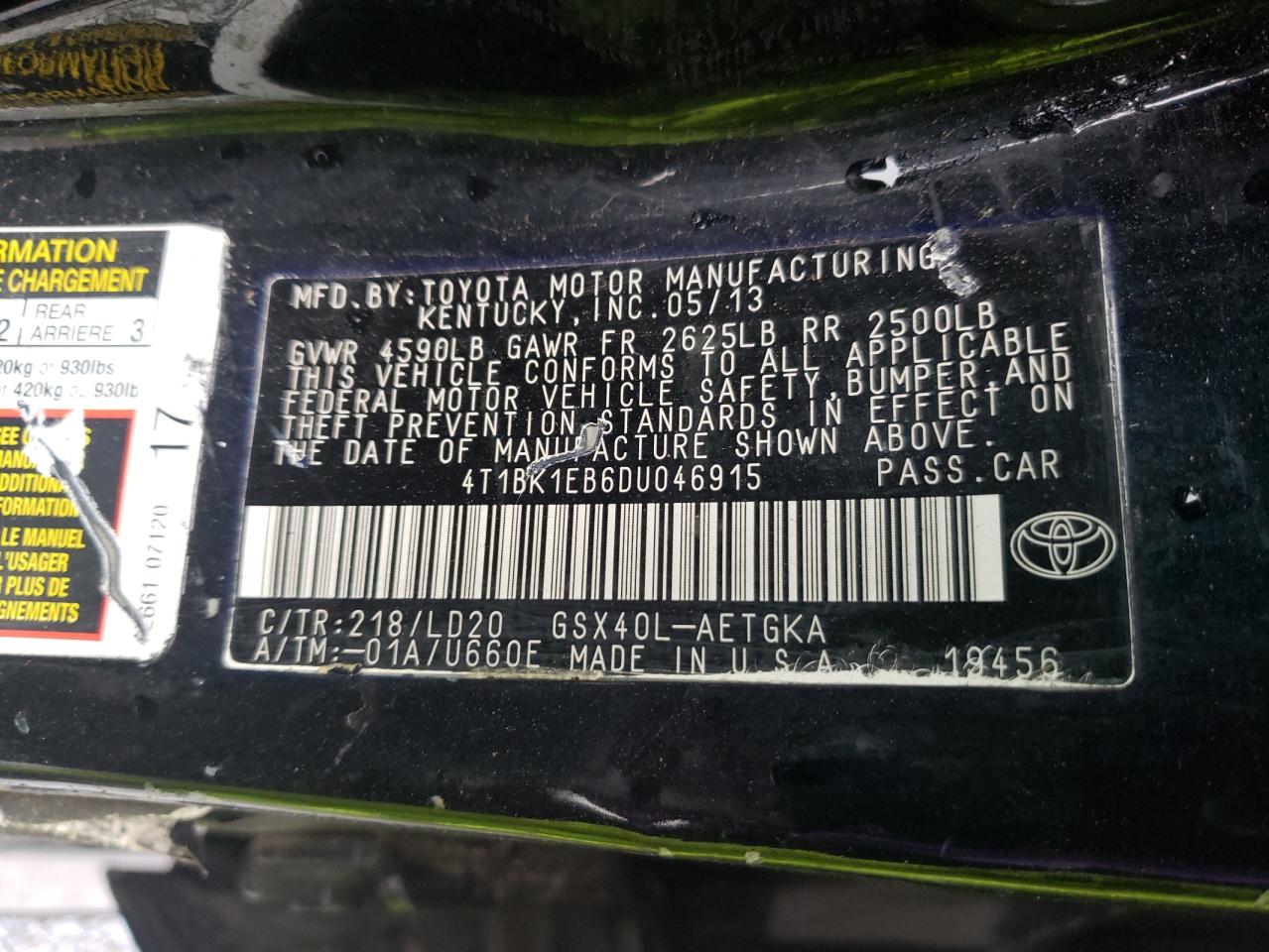 Photo 10 from auction – 2013 TOYOTA AVALON BAS with VIN 4T1BK1EB6DU046915