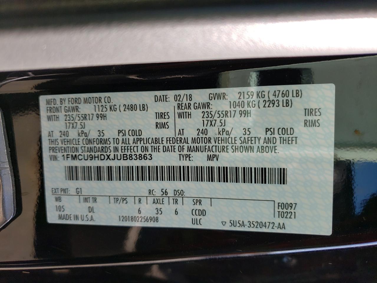 Photo 10 from auction – 2018 FORD ESCAPE SEL with VIN 1FMCU9HDXJUB83863