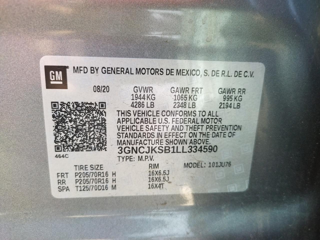 Photo 10 from auction – 2020 CHEVROLET TRAX LS with VIN 3GNCJKSB1LL334590