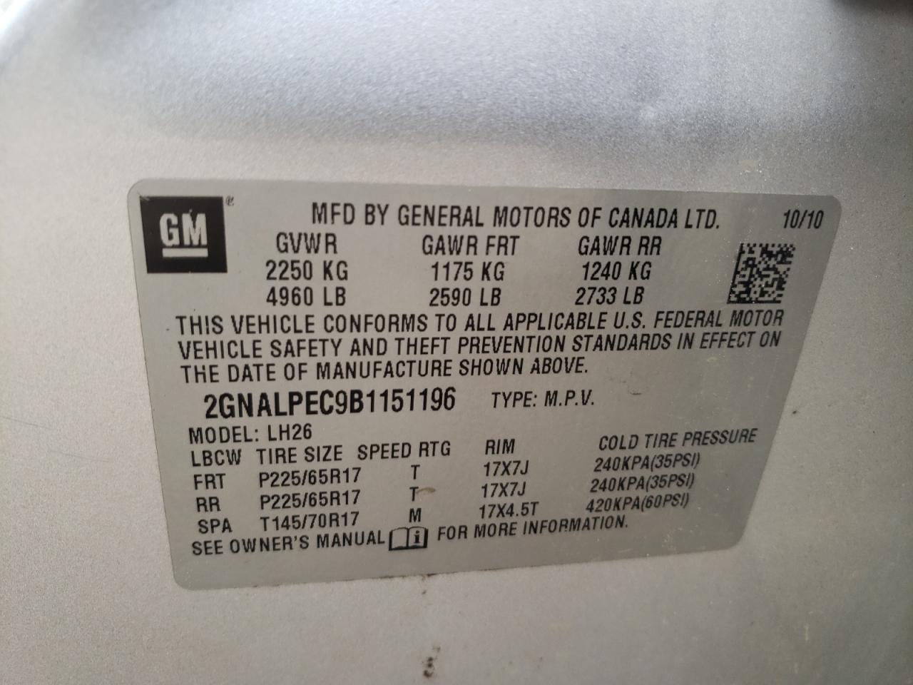 Photo 10 from auction – 2011 CHEVROLET EQUINOX LT with VIN 2GNALPEC9B1151196