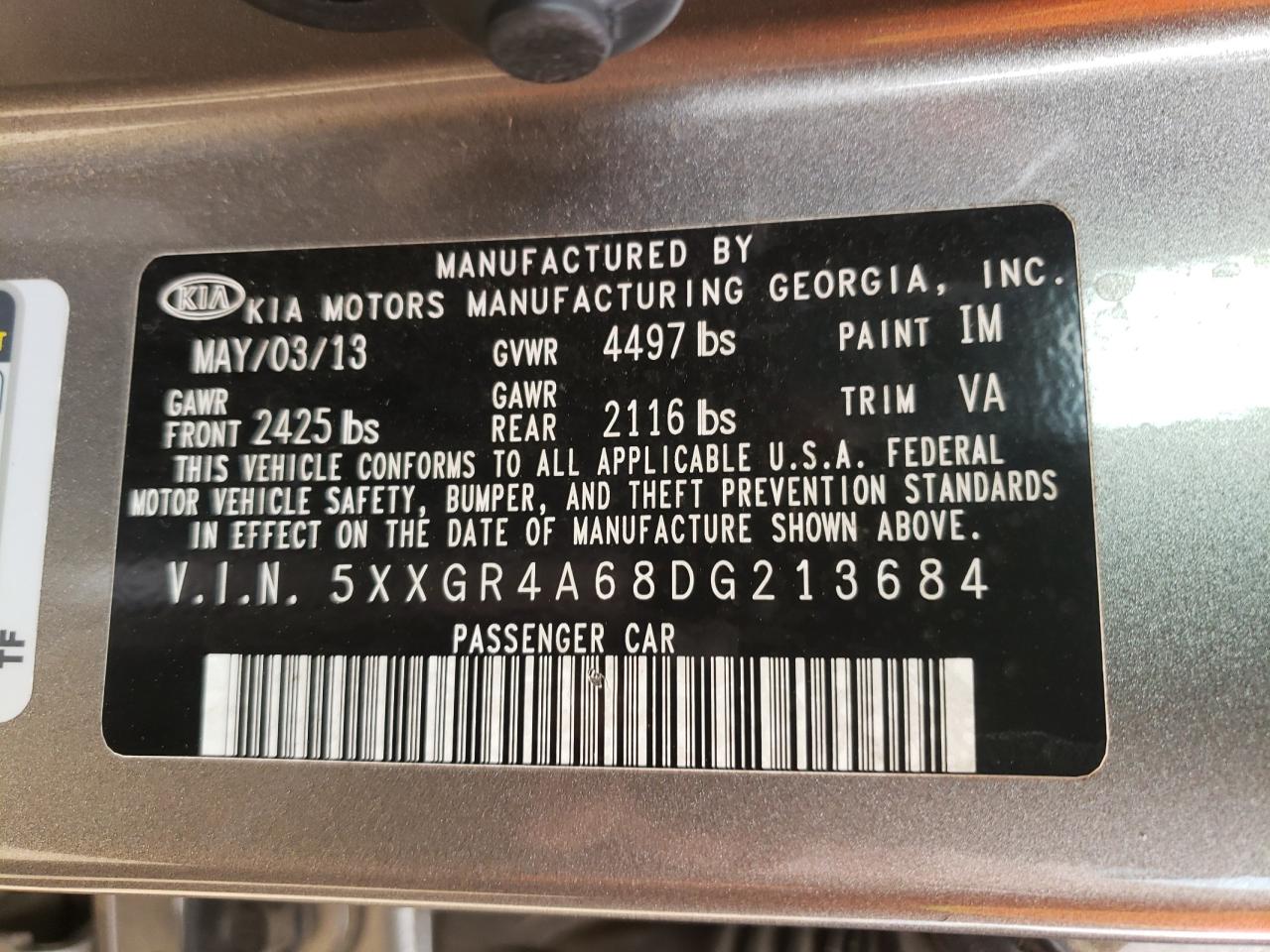 Photo 10 from auction – 2013 KIA OPTIMA SX with VIN 5XXGR4A68DG213684