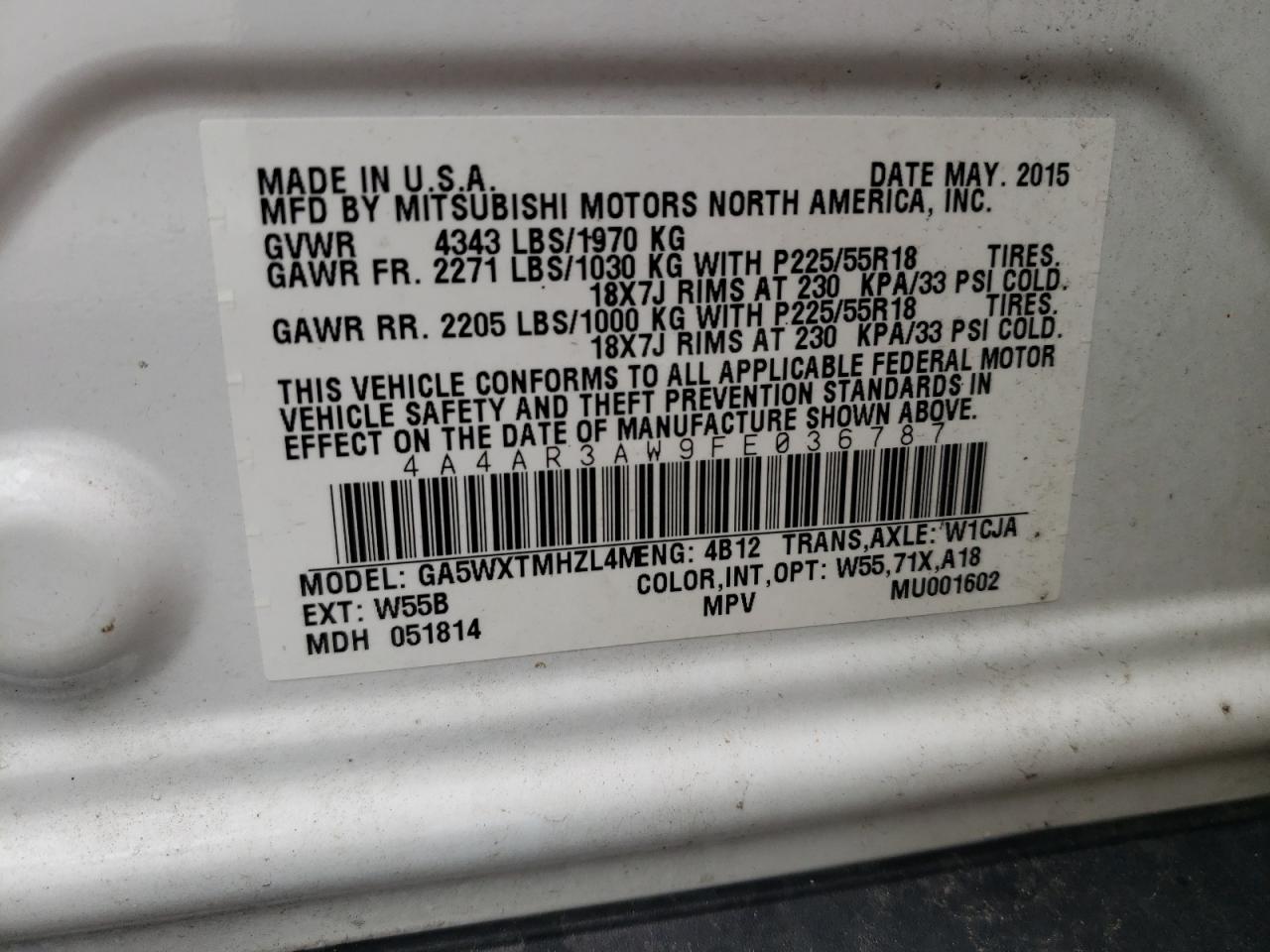 Photo 10 from auction – 2015 MITSUBISHI OUTLANDER with VIN 4A4AR3AW9FE036787