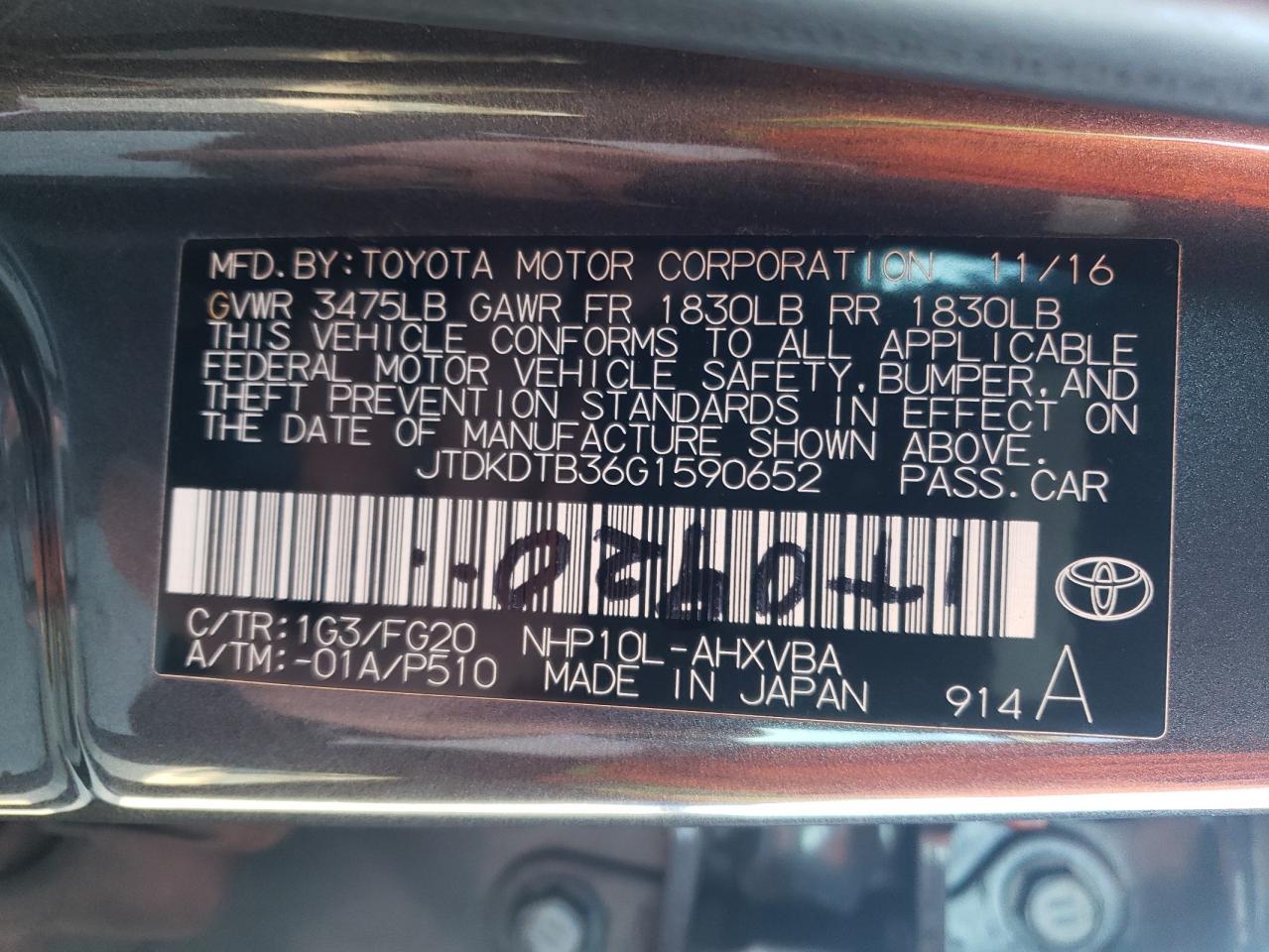 Photo 10 from auction – 2016 TOYOTA PRIUS C with VIN JTDKDTB36G1590652