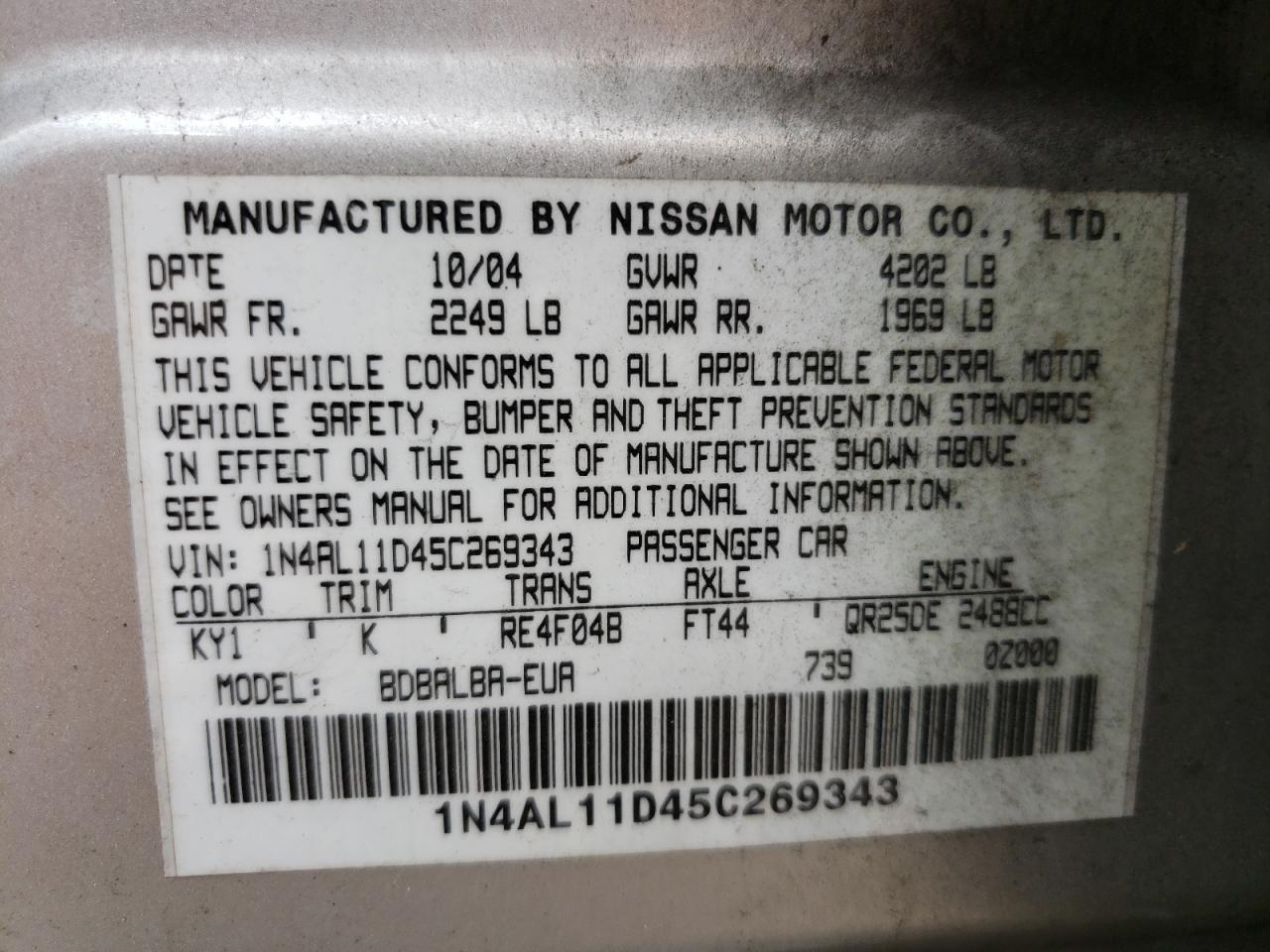Photo 10 from auction – 2005 NISSAN ALTIMA S with VIN 1N4AL11D45C269343