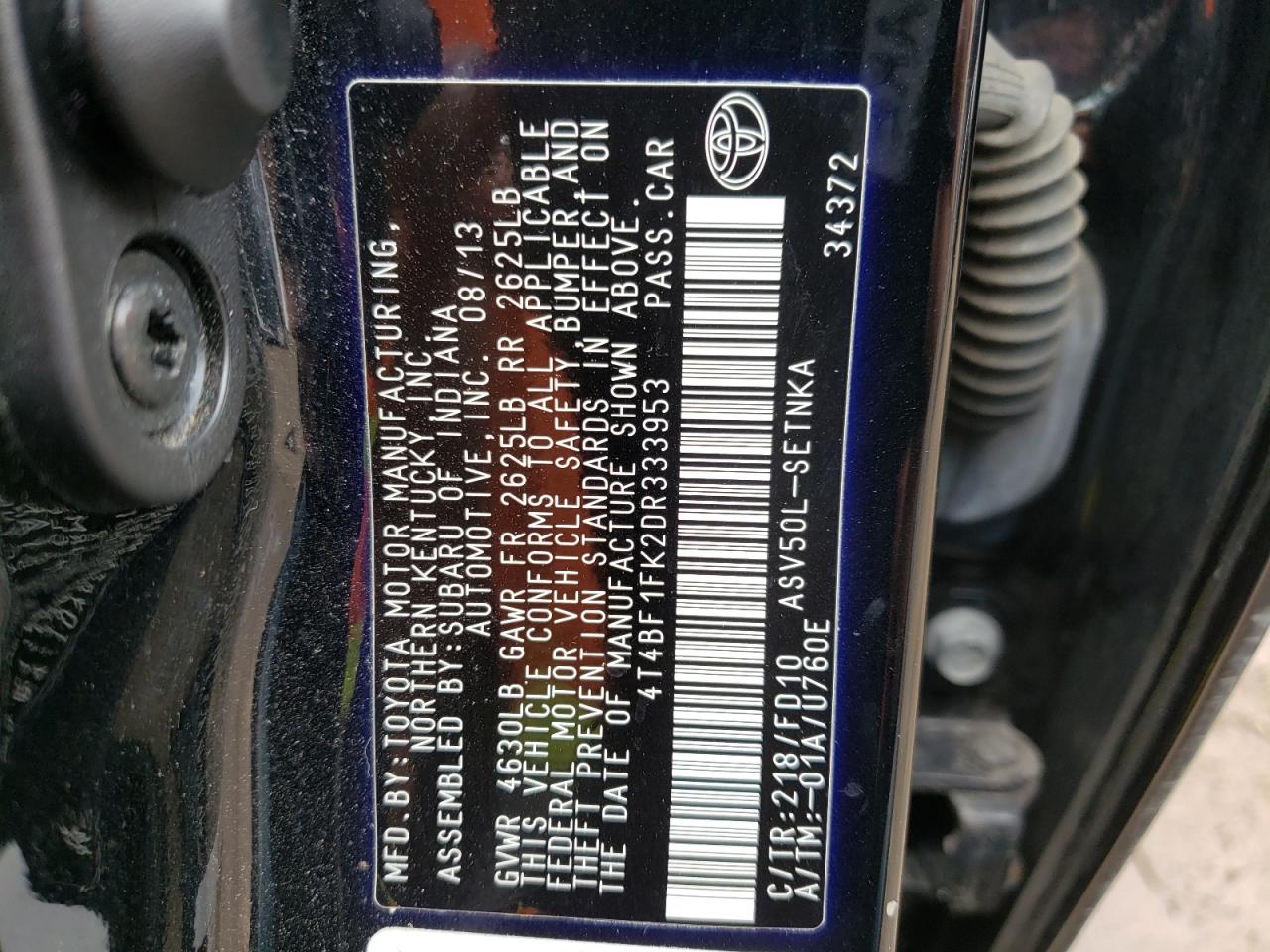 Photo 10 from auction – 2013 TOYOTA CAMRY L with VIN 4T4BF1FK2DR333953