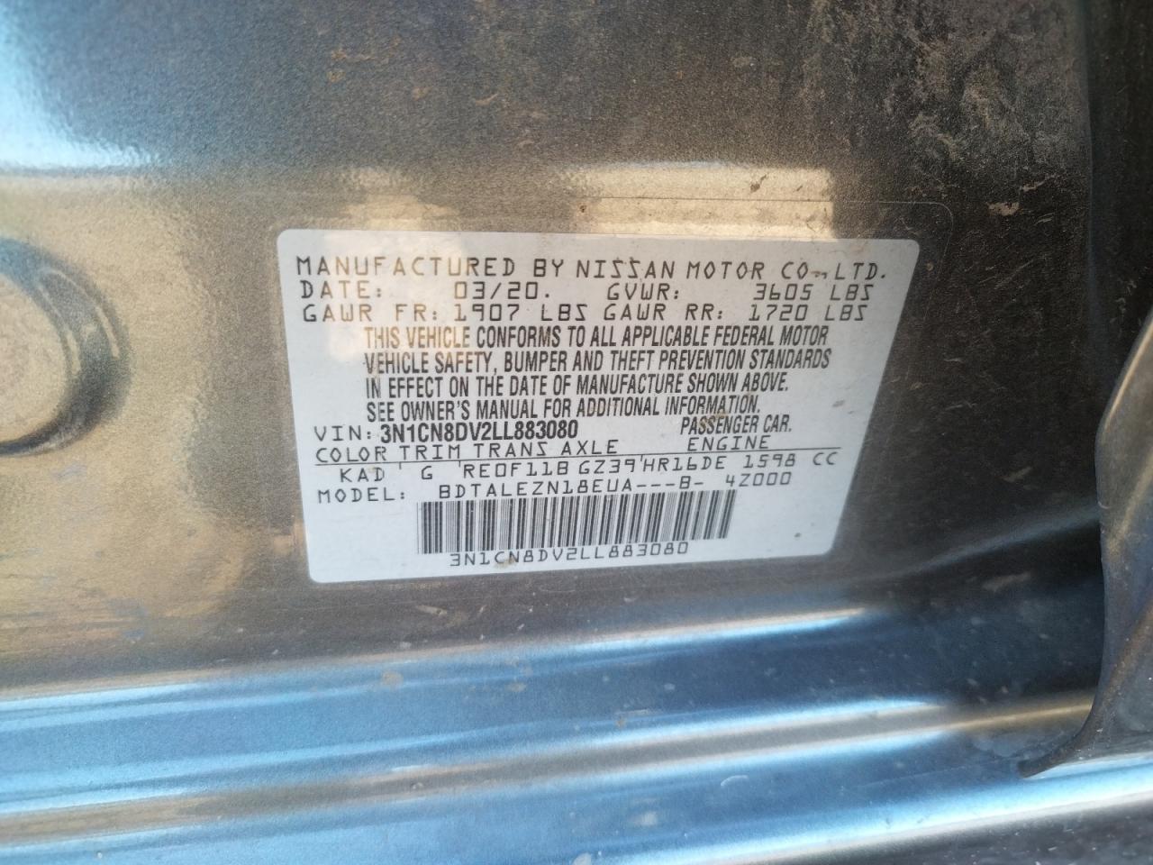 Photo 10 from auction – 2020 NISSAN VERSA S with VIN 3N1CN8DV2LL883080