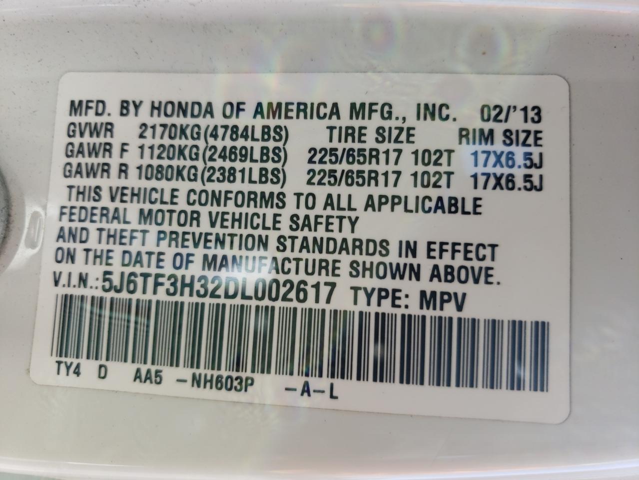 Photo 10 from auction – 2013 HONDA CROSSTOUR with VIN 5J6TF3H32DL002617