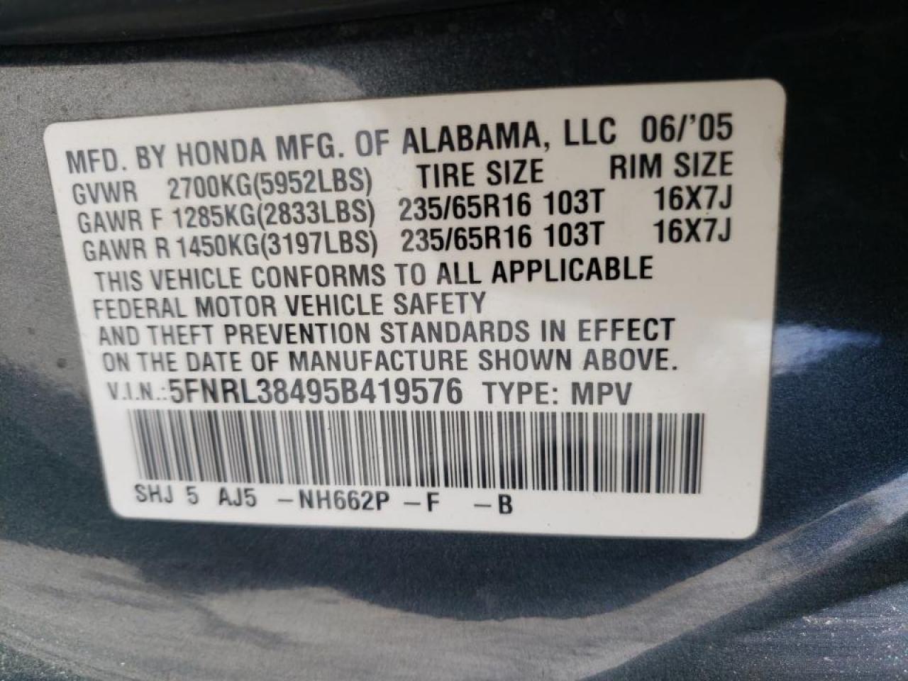 Photo 10 from auction – 2005 HONDA ODYSSEY EX with VIN 5FNRL38495B419576