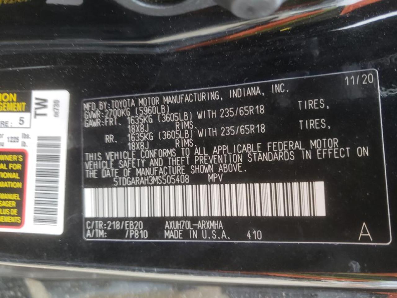 Photo 10 from auction – 2021 TOYOTA HIGHLANDER with VIN 5TDGARAH3MS505408