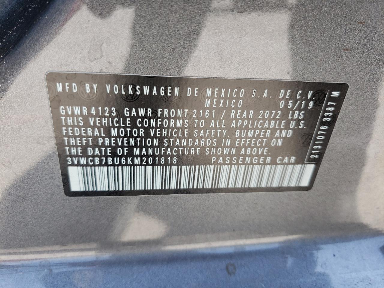 Photo 10 from auction – 2019 VOLKSWAGEN JETTA S with VIN 3VWCB7BU6KM201818