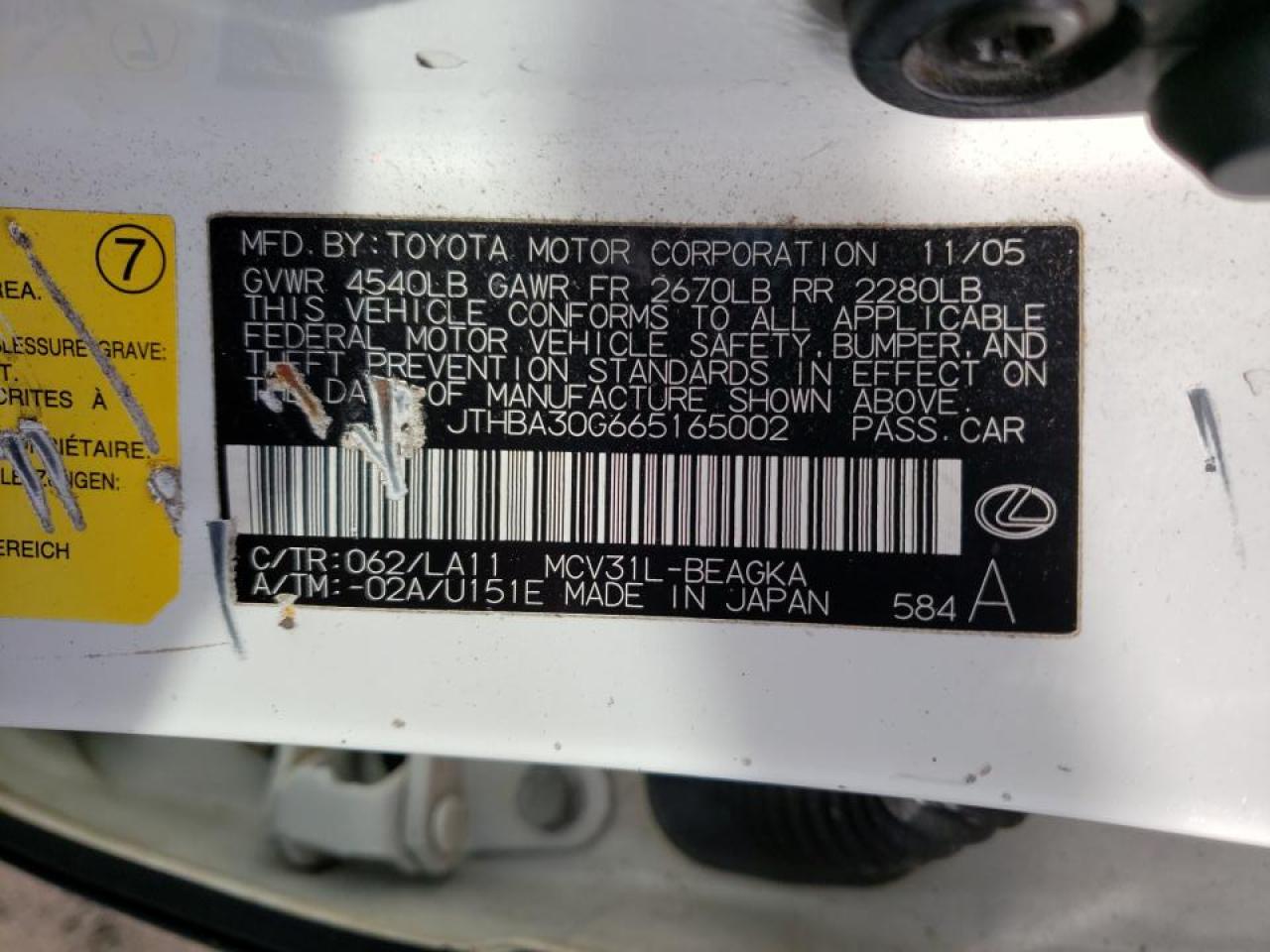 Photo 10 from auction – 2006 LEXUS ES 330 with VIN JTHBA30G665165002