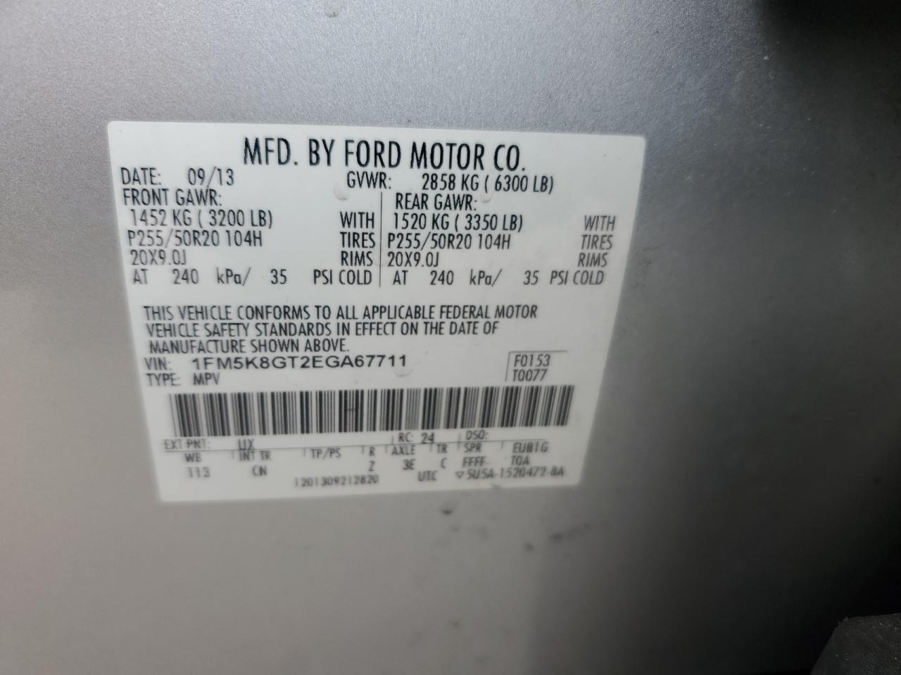 Photo 10 from auction – 2014 FORD EXPLORER S with VIN 1FM5K8GT2EGA67711