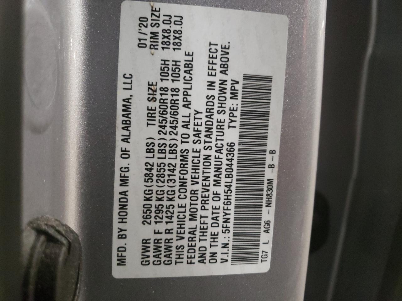 Zdjęcie 10 z aukcji – 2020 HONDA PILOT EXL z VIN 5FNYF6H54LB044366