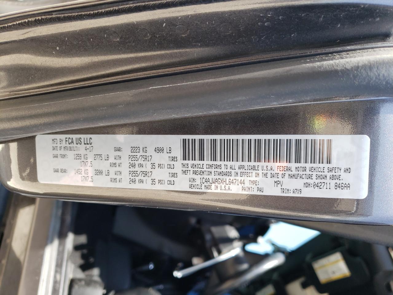 Photo 10 from auction – 2017 JEEP WRANGLER S with VIN 1C4AJWAGXHL647144