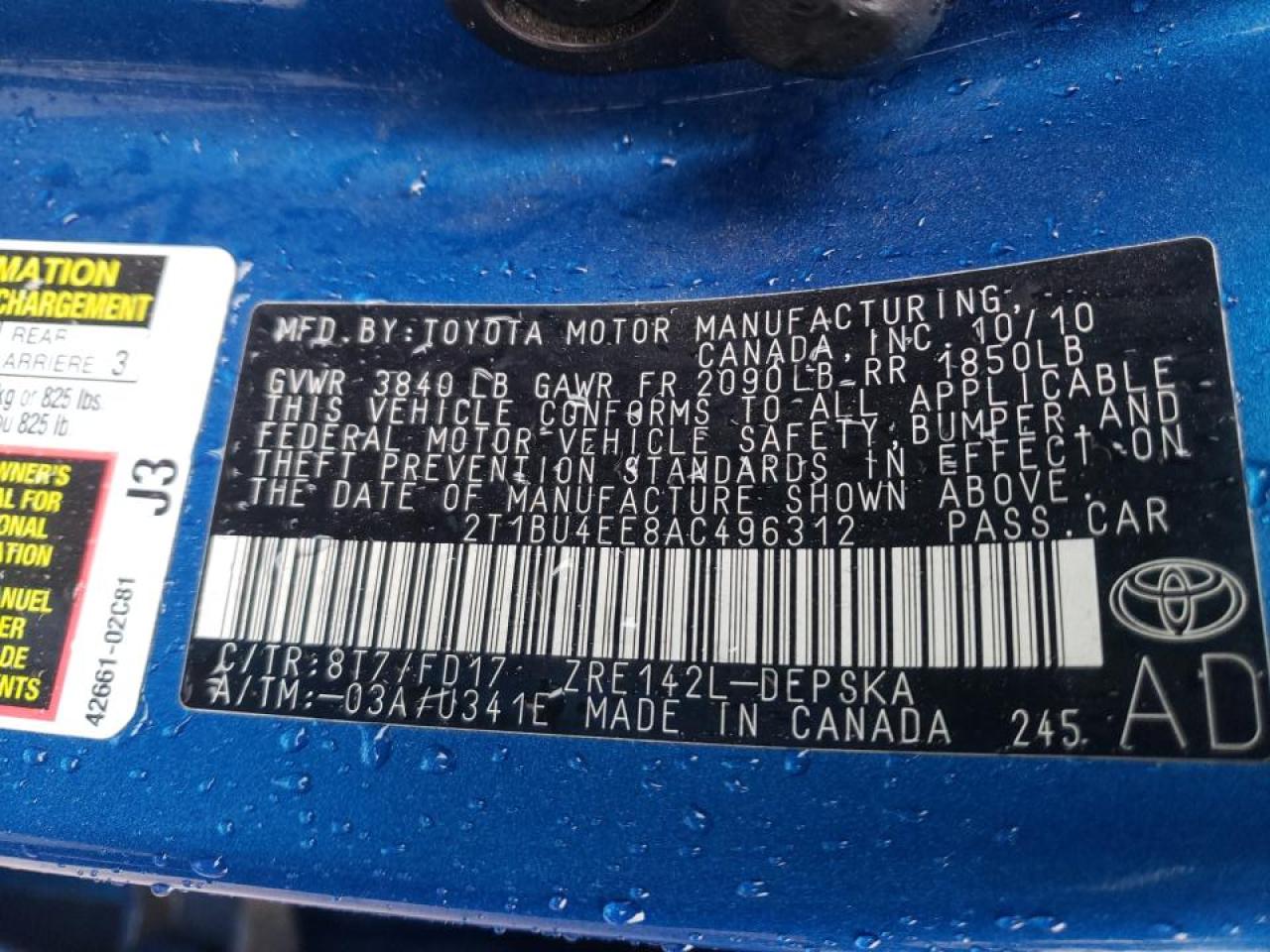 Photo 10 from auction – 2010 TOYOTA COROLLA BA with VIN 2T1BU4EE8AC496312