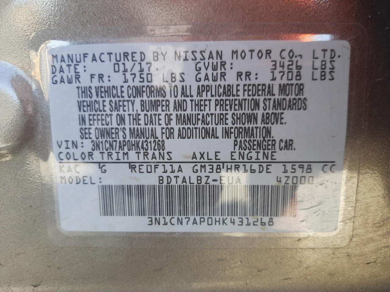 Photo 10 from auction – 2017 NISSAN VERSA S with VIN 3N1CN7AP0HK431268