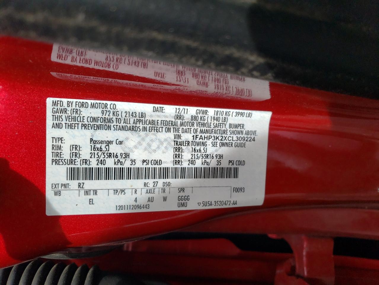 Photo 10 from auction – 2012 FORD FOCUS SE with VIN 1FAHP3K2XCL309224