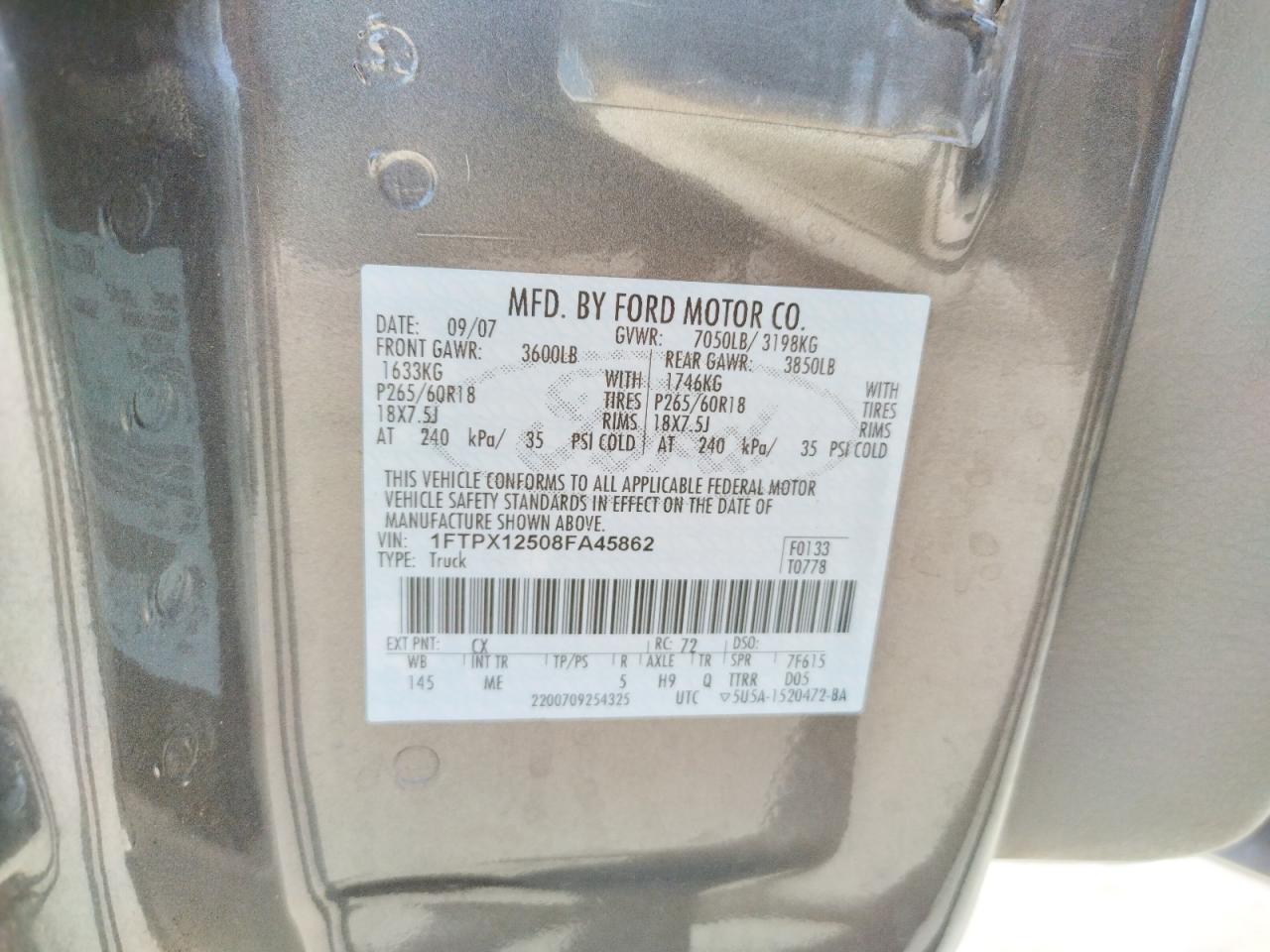 Photo 10 from auction – 2008 FORD F150 with VIN 1FTPX12508FA45862